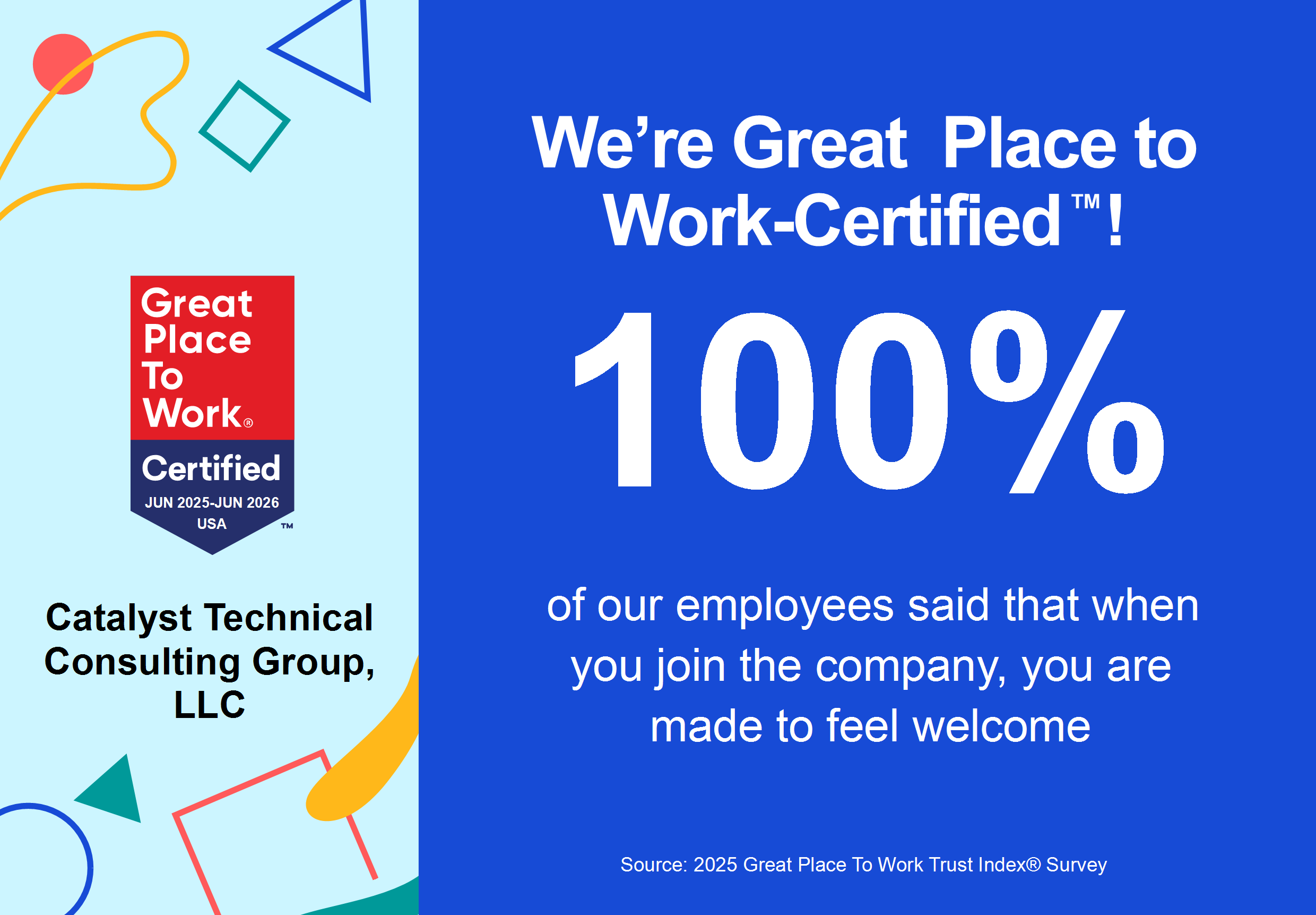 Great Place to Work Certified - 100% of our employees said it's a great place to work